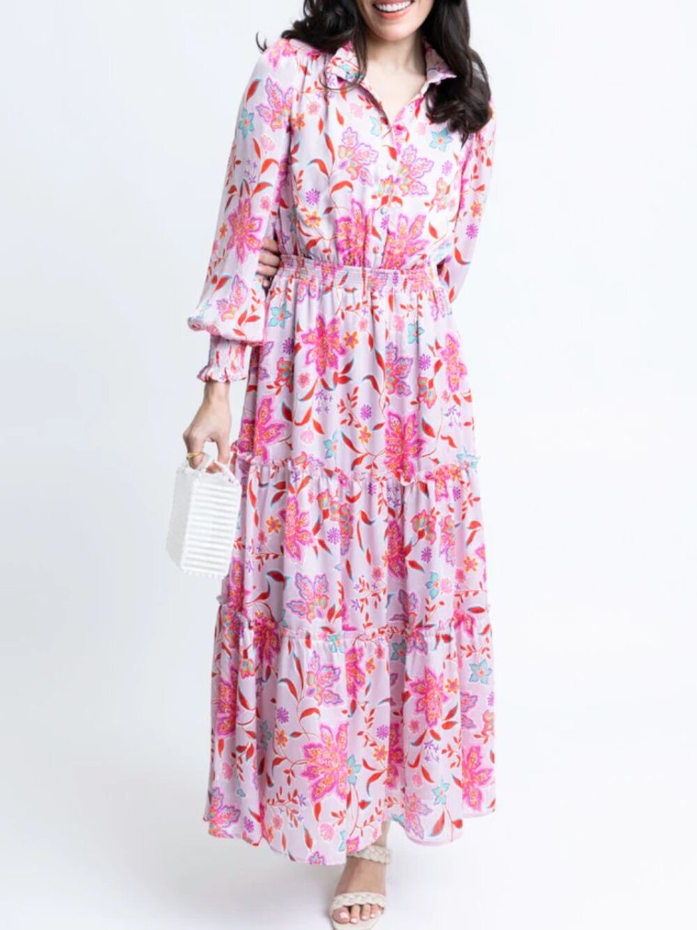 Karlie Floral Satin Smock Waist Tier Maxi Dress